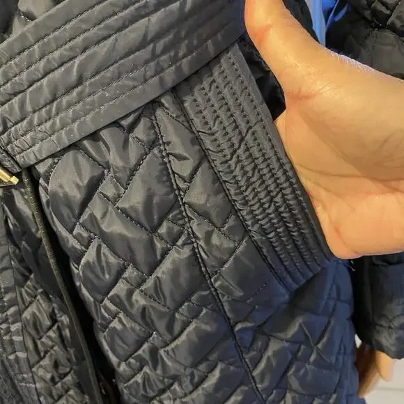 Cole Haan Signature NavyBlue Leather Trim quilted belted Coat Jacket SP Zip Snap - Picture 13 of 13